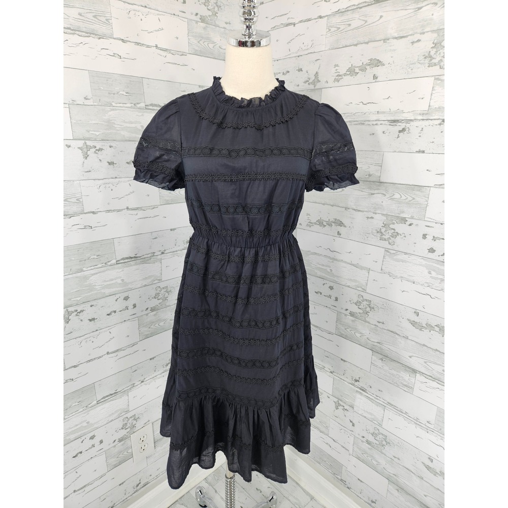 J. Crew Black Eyelet Lace Tiered Mini Dress Cotton Ruffle Neck Size 2 Daisy